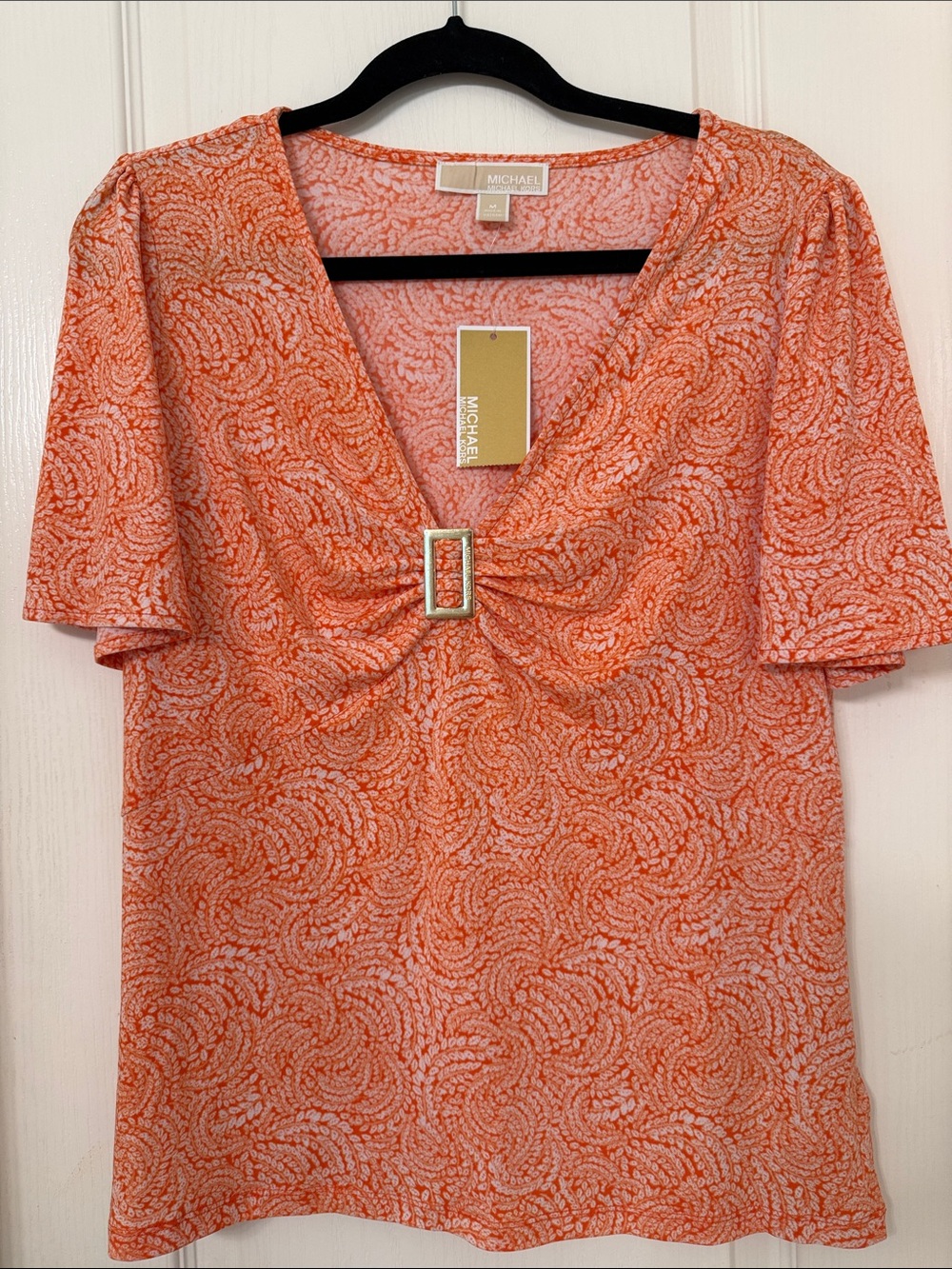 Michael Kors Orange Paisley Print V-Neck Top with Buckle